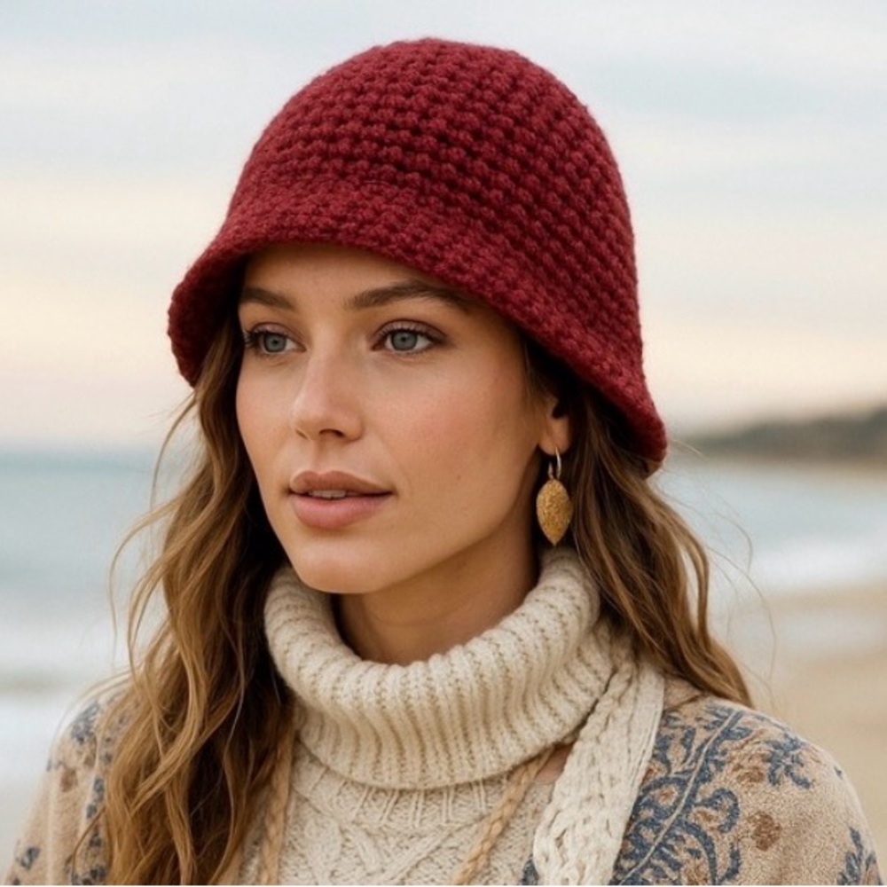 Wooden Ships by Hoboken Vtg Burgundy Knit Bucket Hat Boho Handmade Indonesia
